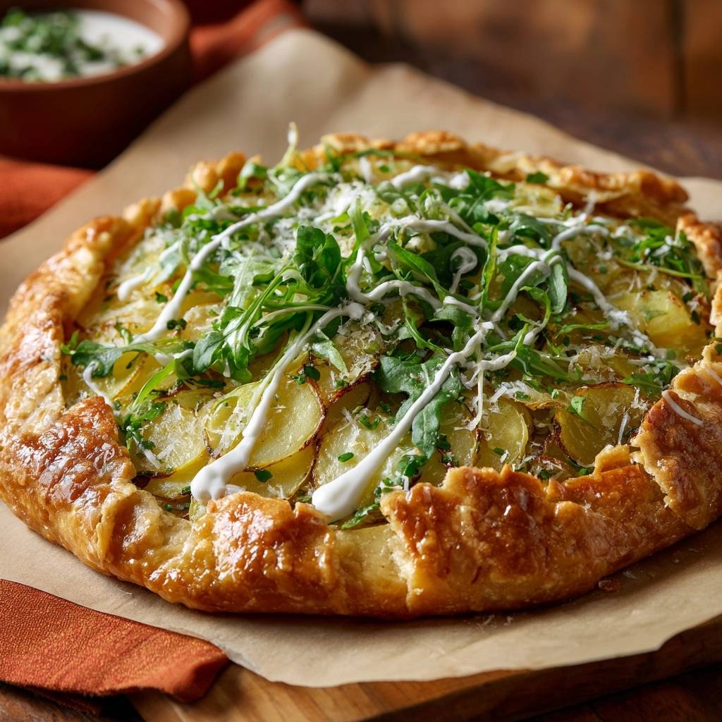 Rustic potato arugula galette with a close-up view of the fresh arugula topping and creamy drizzle.