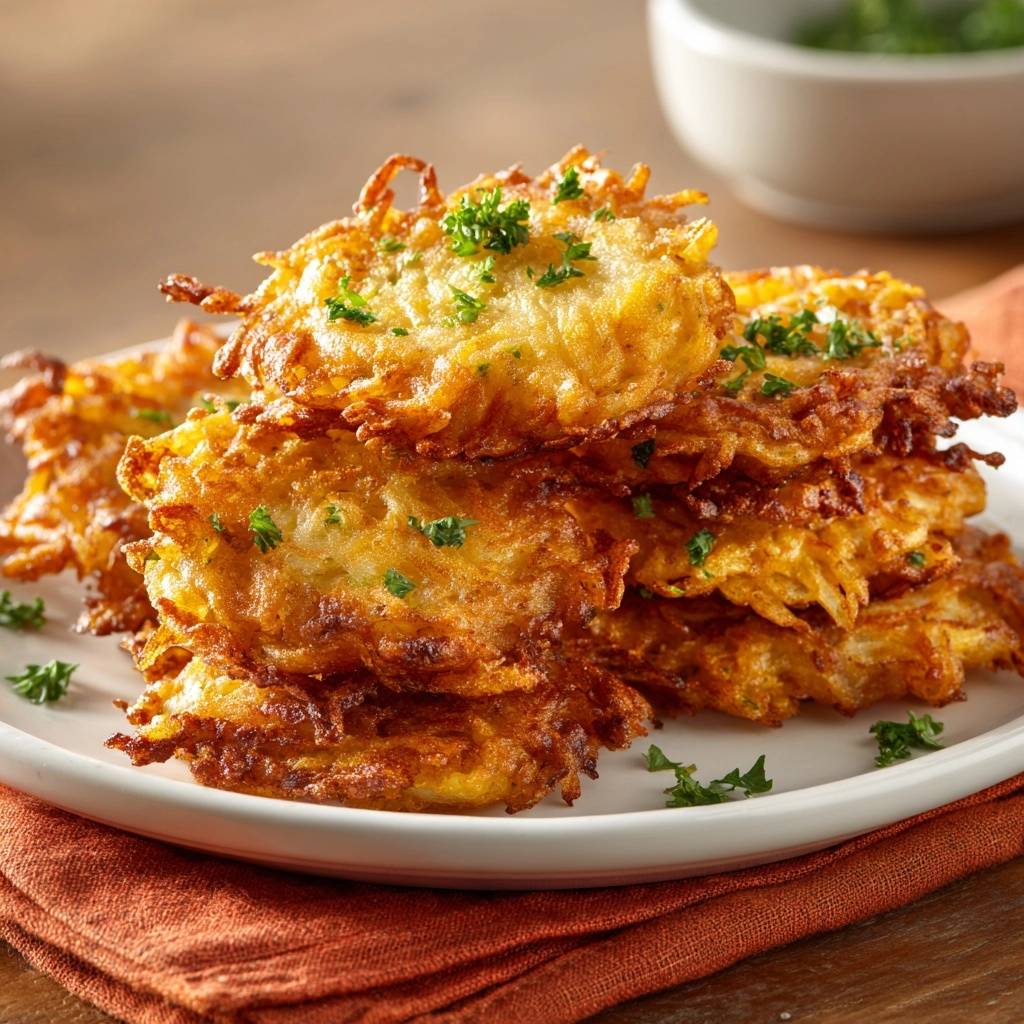 Crispy potato latkes stacked high and garnished with fresh parsley on a white plate.