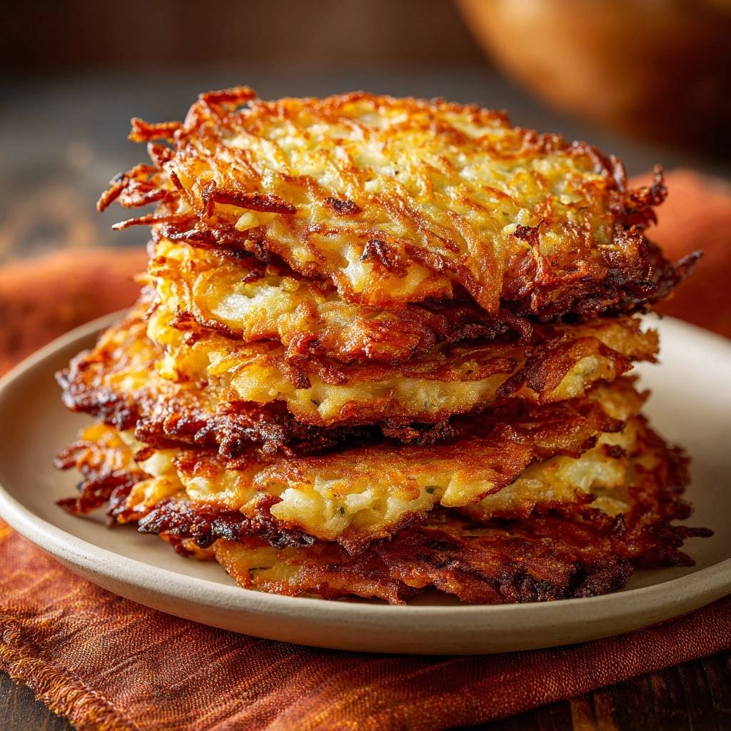 Crispy potato latkes stacked high on a light-colored plate, showcasing their golden-brown edges and shredded texture.