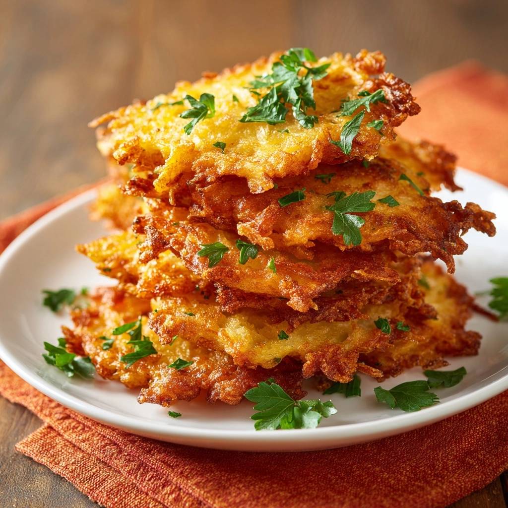 Crispy potato latkes stacked high on a white plate, garnished with fresh parsley leaves.
