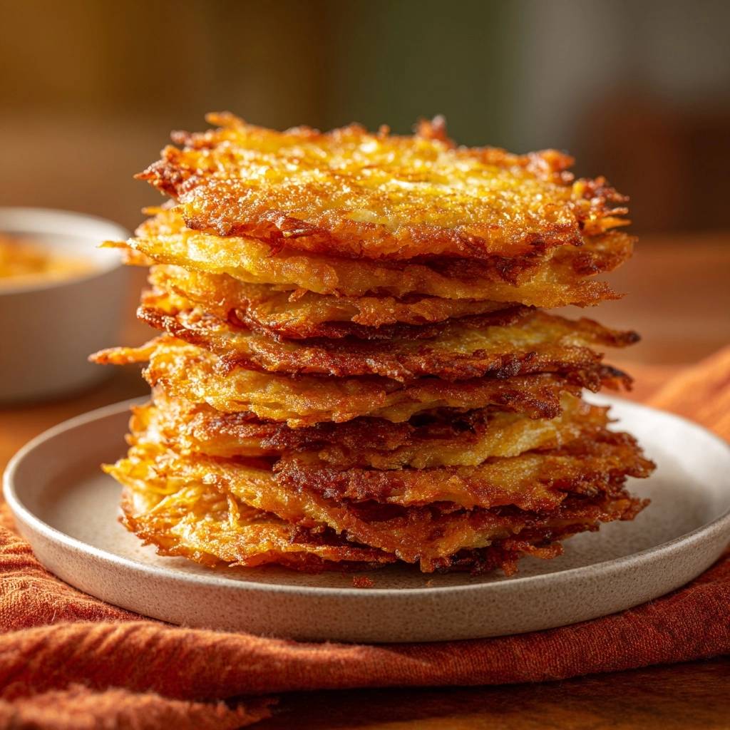 Crispy potato latkes stacked high on a plate, showcasing their golden-brown texture.
