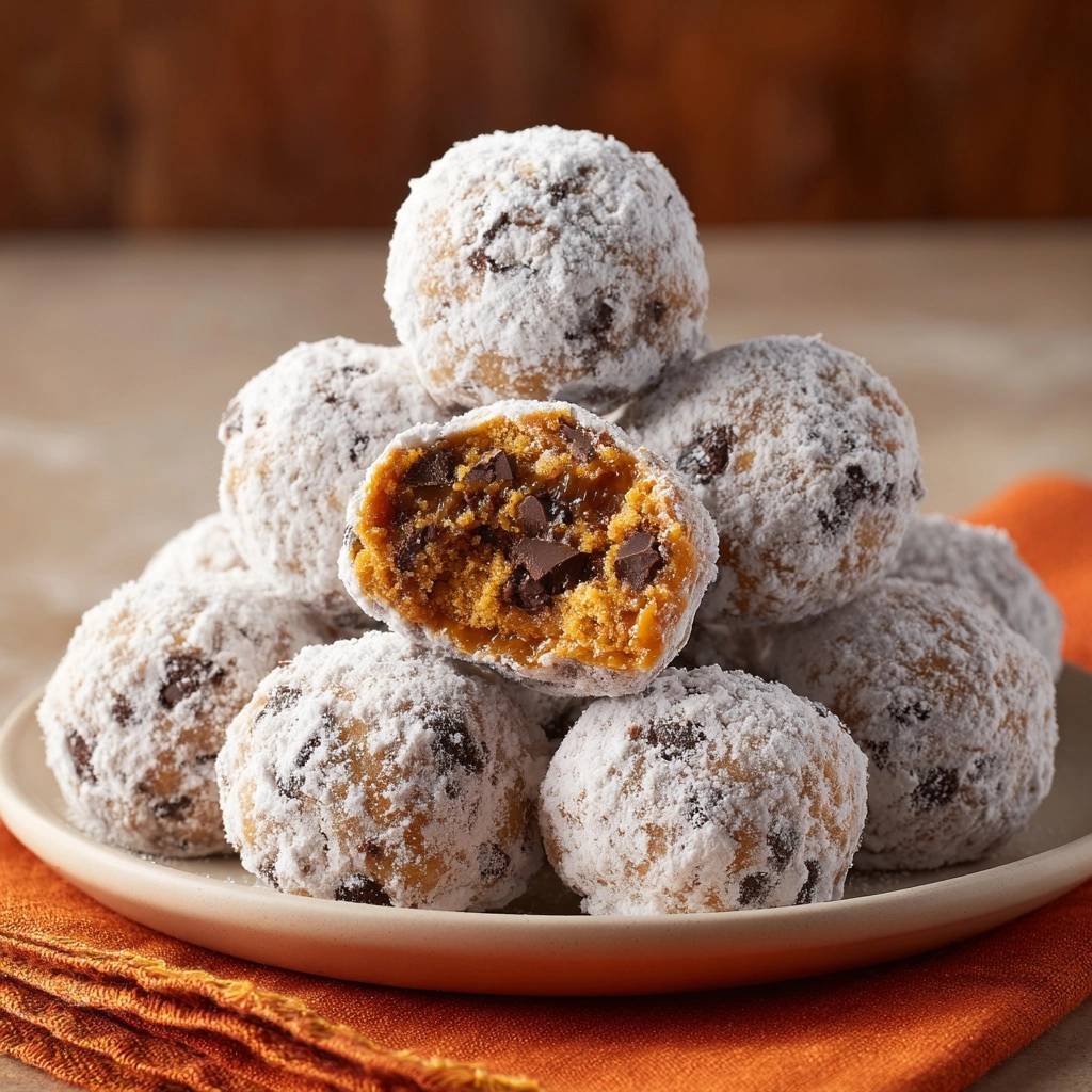 Pumpkin chocolate chip pecan snowball cookies shown in a close-up cross-section revealing the rich interior.