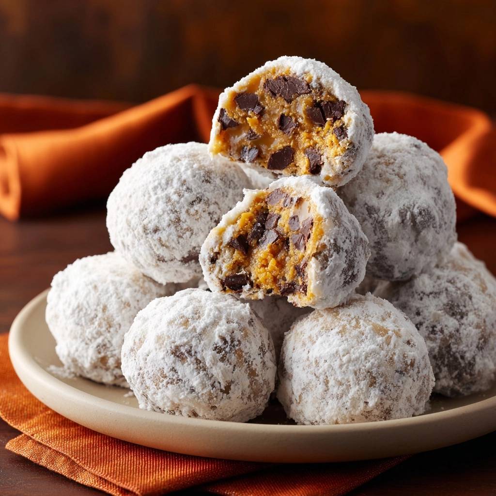Pumpkin chocolate chip pecan snowball cookies shown in a close-up cross-section, revealing the rich interior.