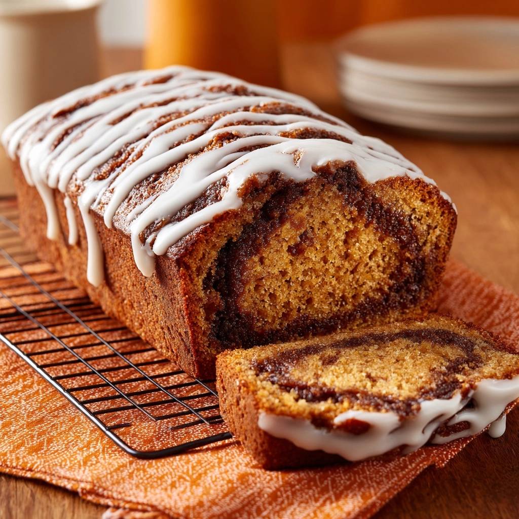 Pumpkin cinnamon swirl bread with a sliced interior showing the swirl and drizzled white glaze.