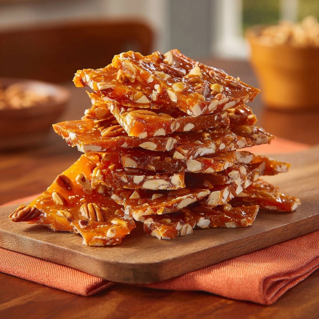 Pumpkin pecan brittle with perfect snap, shown as a detailed stack of pieces on a wooden cutting board.