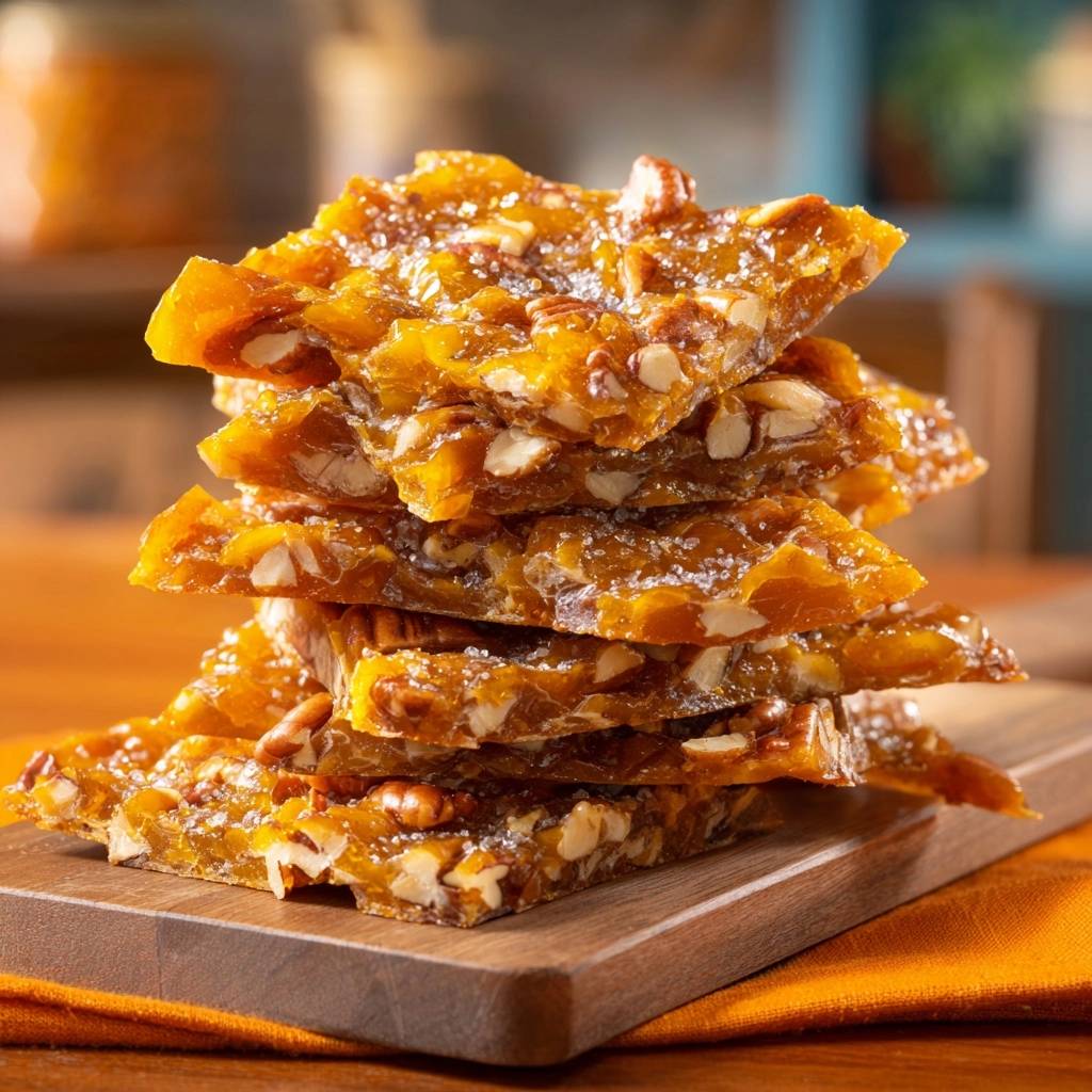 Pumpkin pecan brittle with perfect snap, stacked high on a wooden board, showcasing its glossy texture and nut pieces.