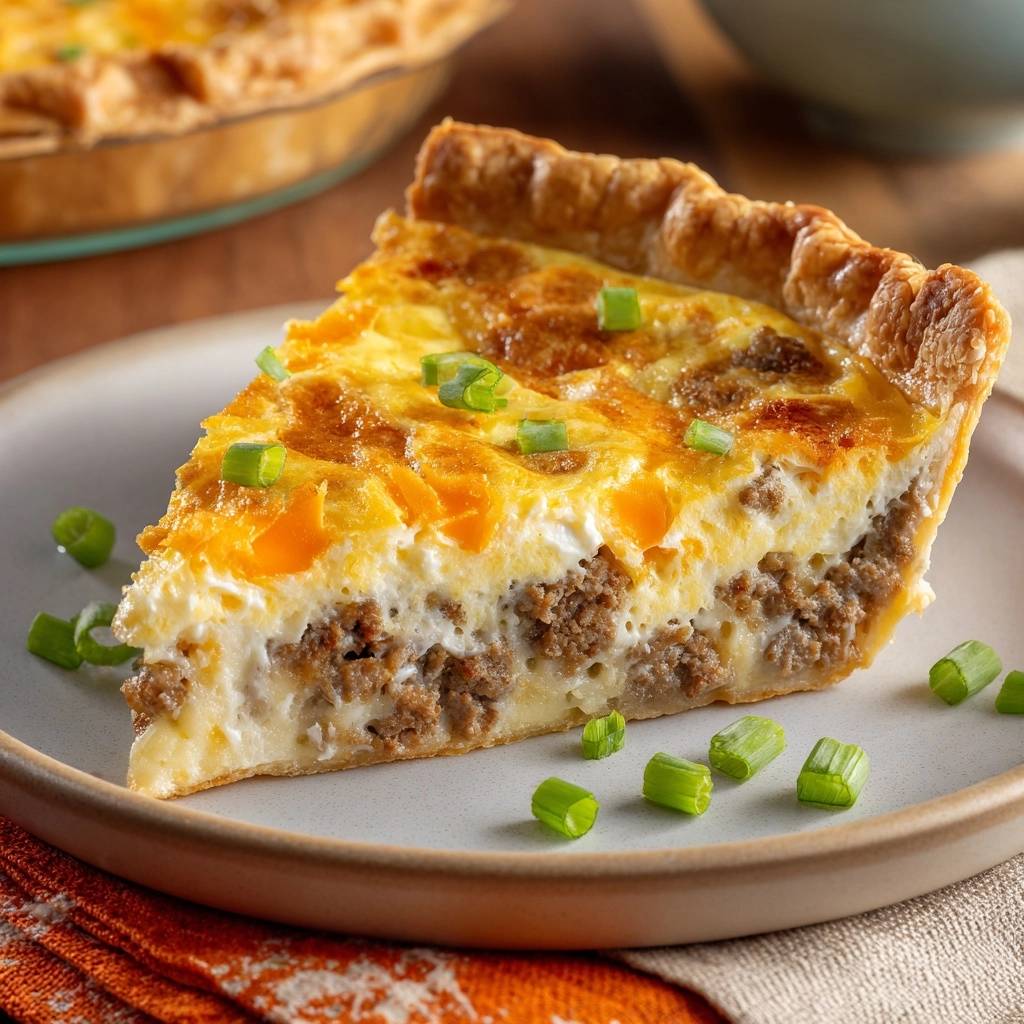 Pumpkin sausage quiche slice showing a flaky crust and savory interior on a plate, garnished with green onions.