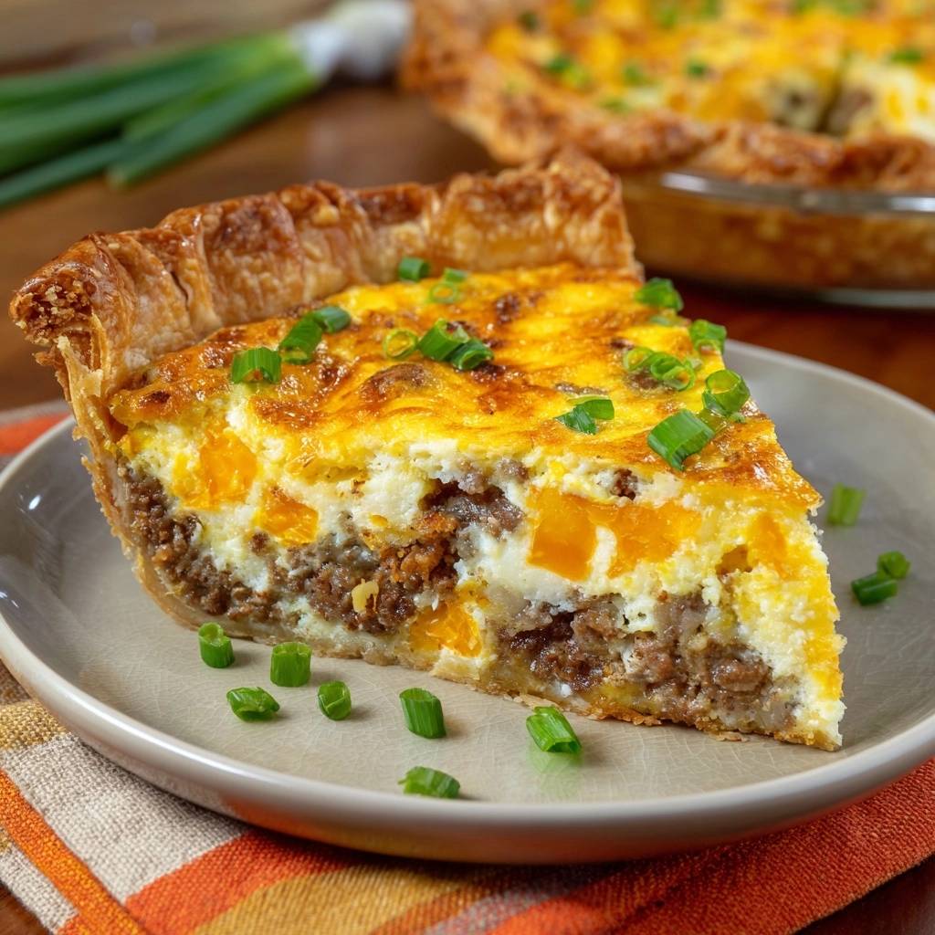 Pumpkin sausage quiche with flaky crust shown as a close-up cross-section slice garnished with green onions.