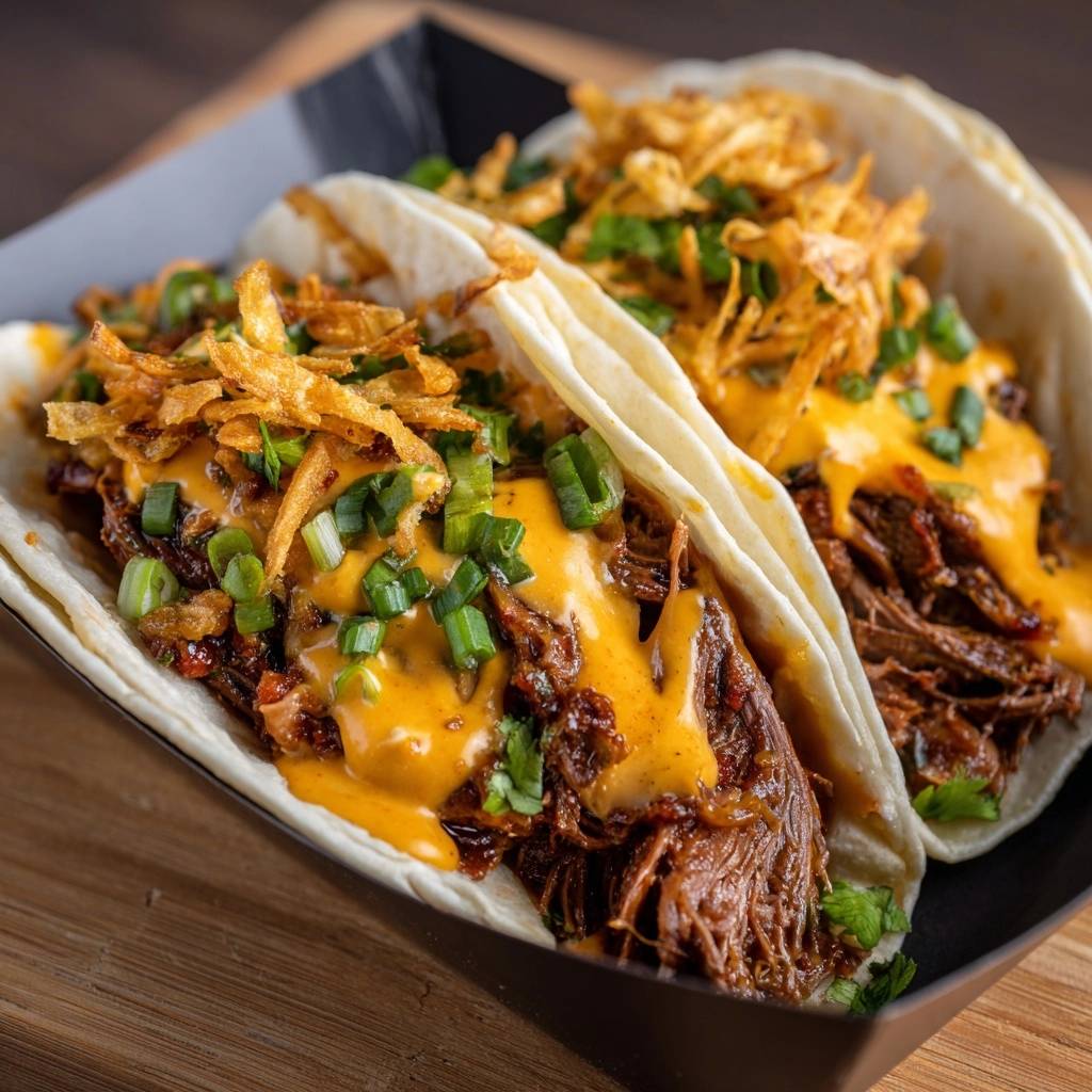 Queso beef tacos with juicy braised beef, topped with a generous drizzle of gooey melted cheese and crispy onions.