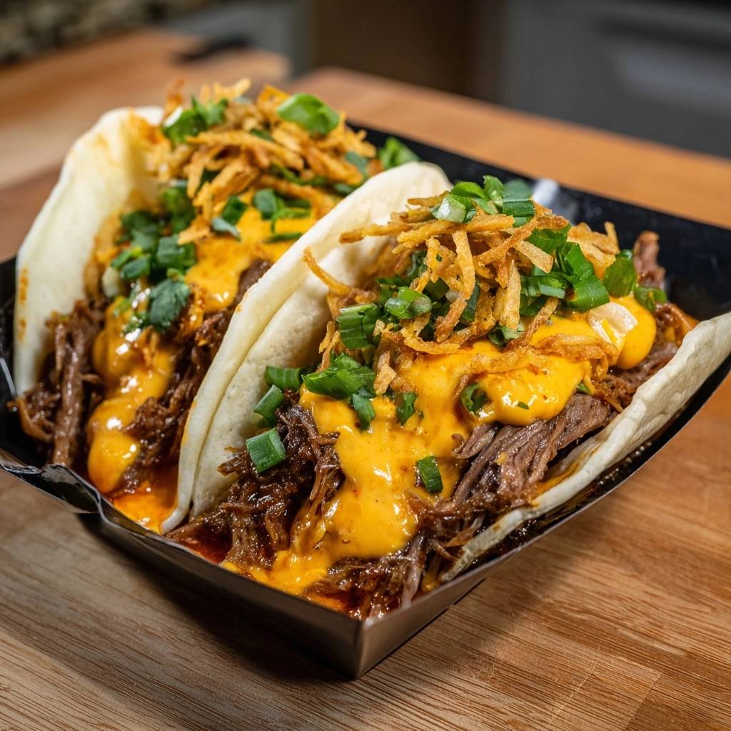 Queso beef tacos with juicy braised beef, topped with fried onions and green onions.