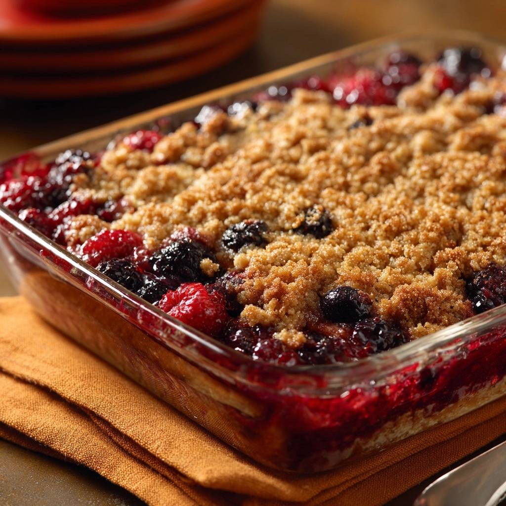 Raspberry blackberry crisp with a golden brown, textured topping shown in a glass baking dish.