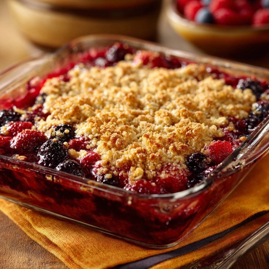 Raspberry blackberry crisp with a shatteringly crisp topping shown in a close-up detail shot.