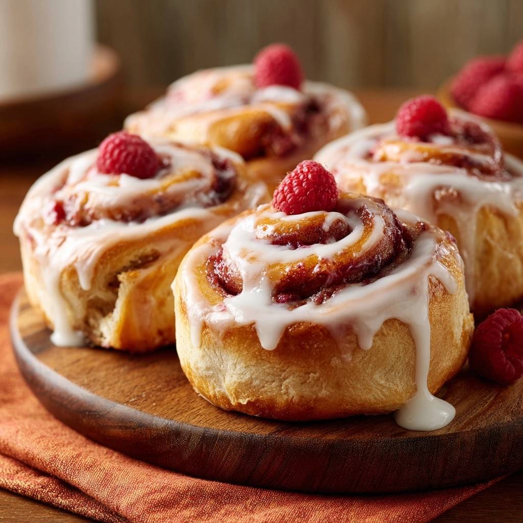 Raspberry cinnamon rolls with a dripping white glaze and fresh raspberry garnish, presented on a wooden board.