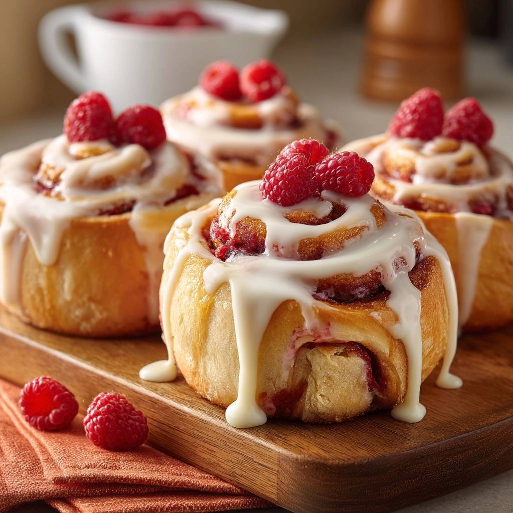 Raspberry cinnamon rolls with white glaze and fresh raspberries on top, presented on a wooden board.