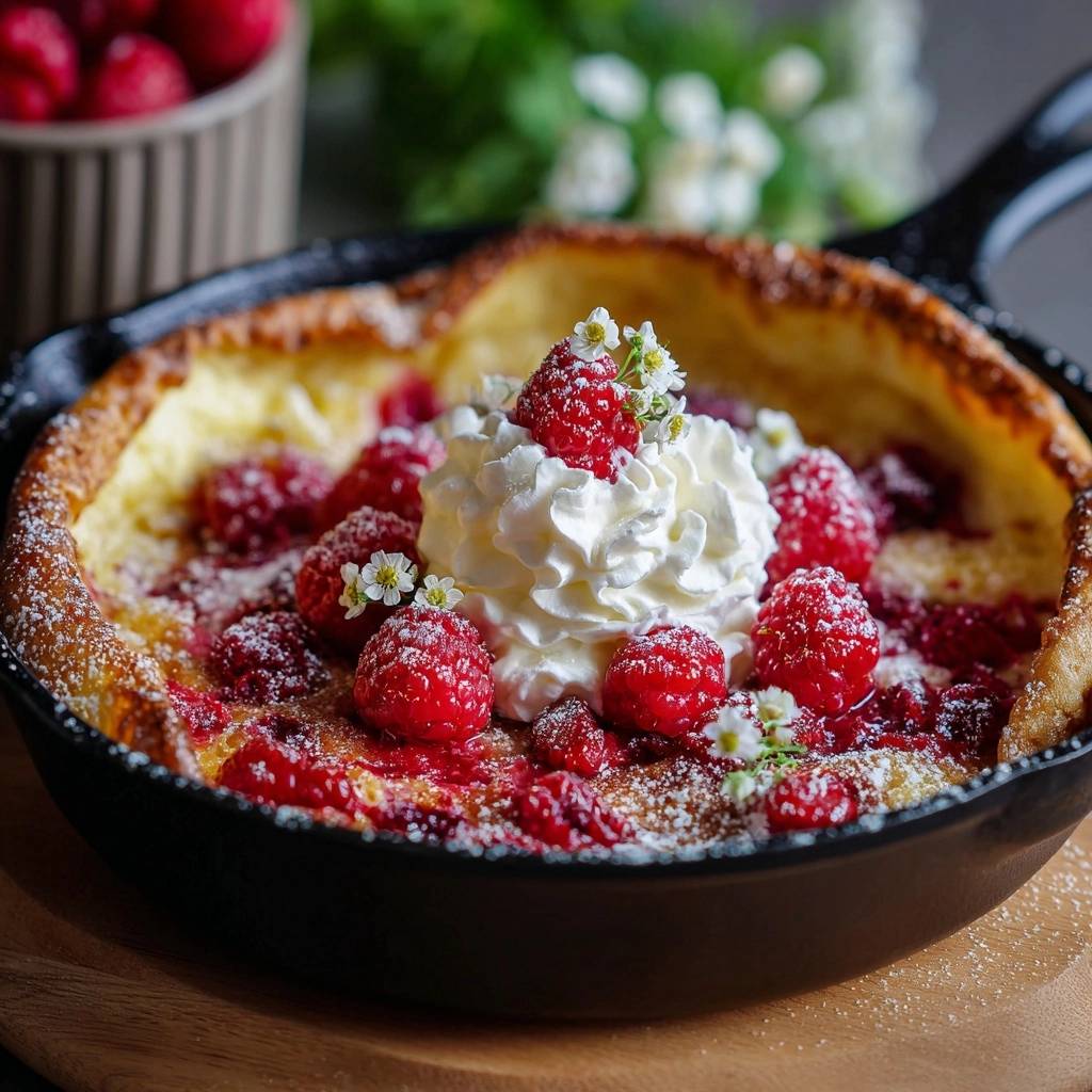 Raspberry Dutch Baby Pancake topped with whipped cream and fresh raspberries, dusted with powdered sugar.