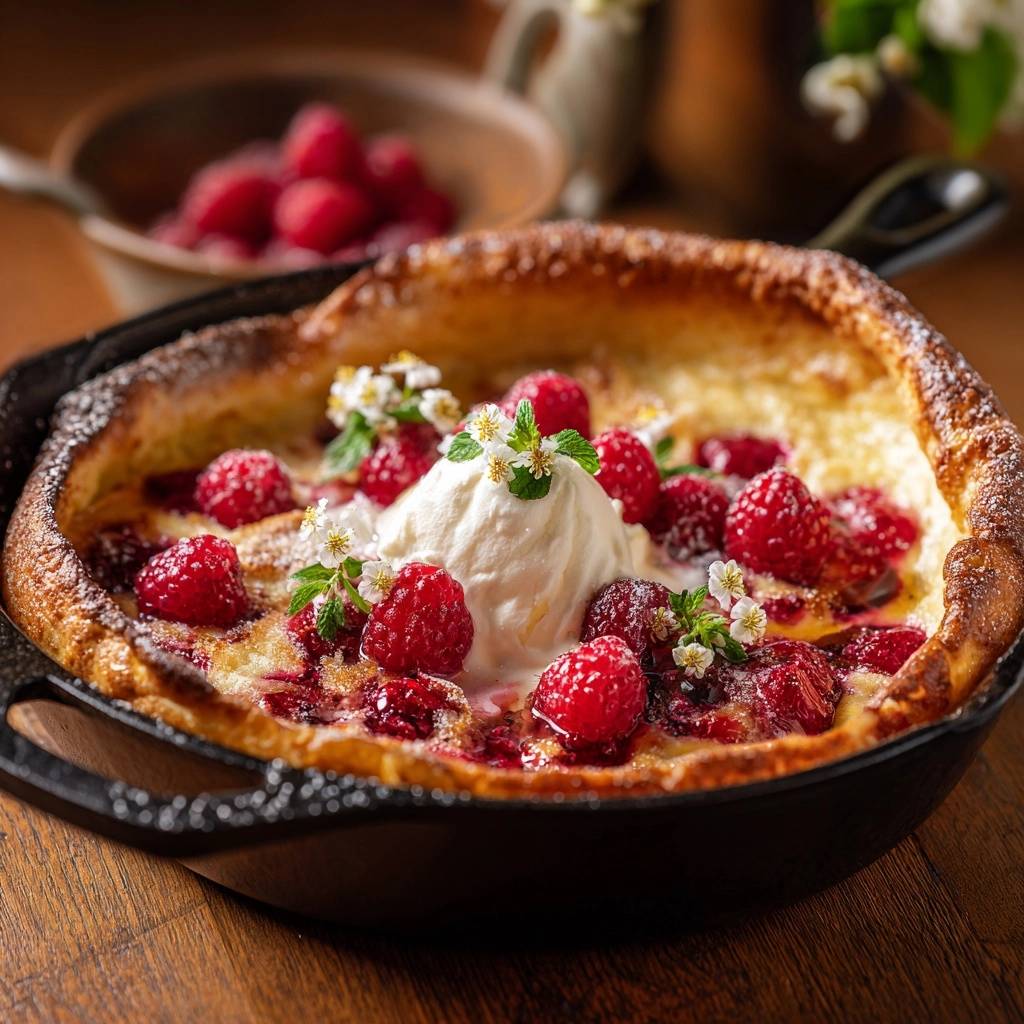 Raspberry Dutch baby pancake topped with a scoop of ice cream and fresh raspberries.