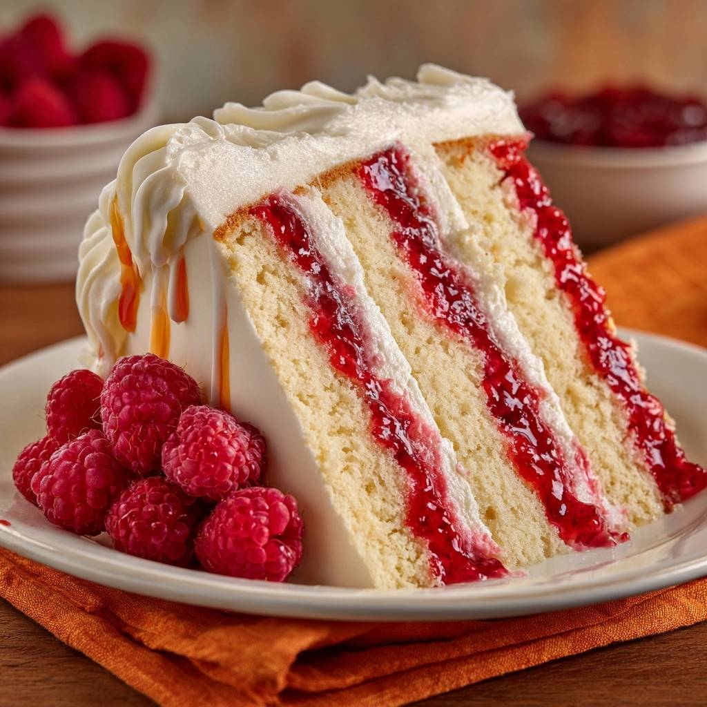 Raspberry filled white cake with crisp layers shown in a close-up cross-section revealing delicate cake and jam layers.