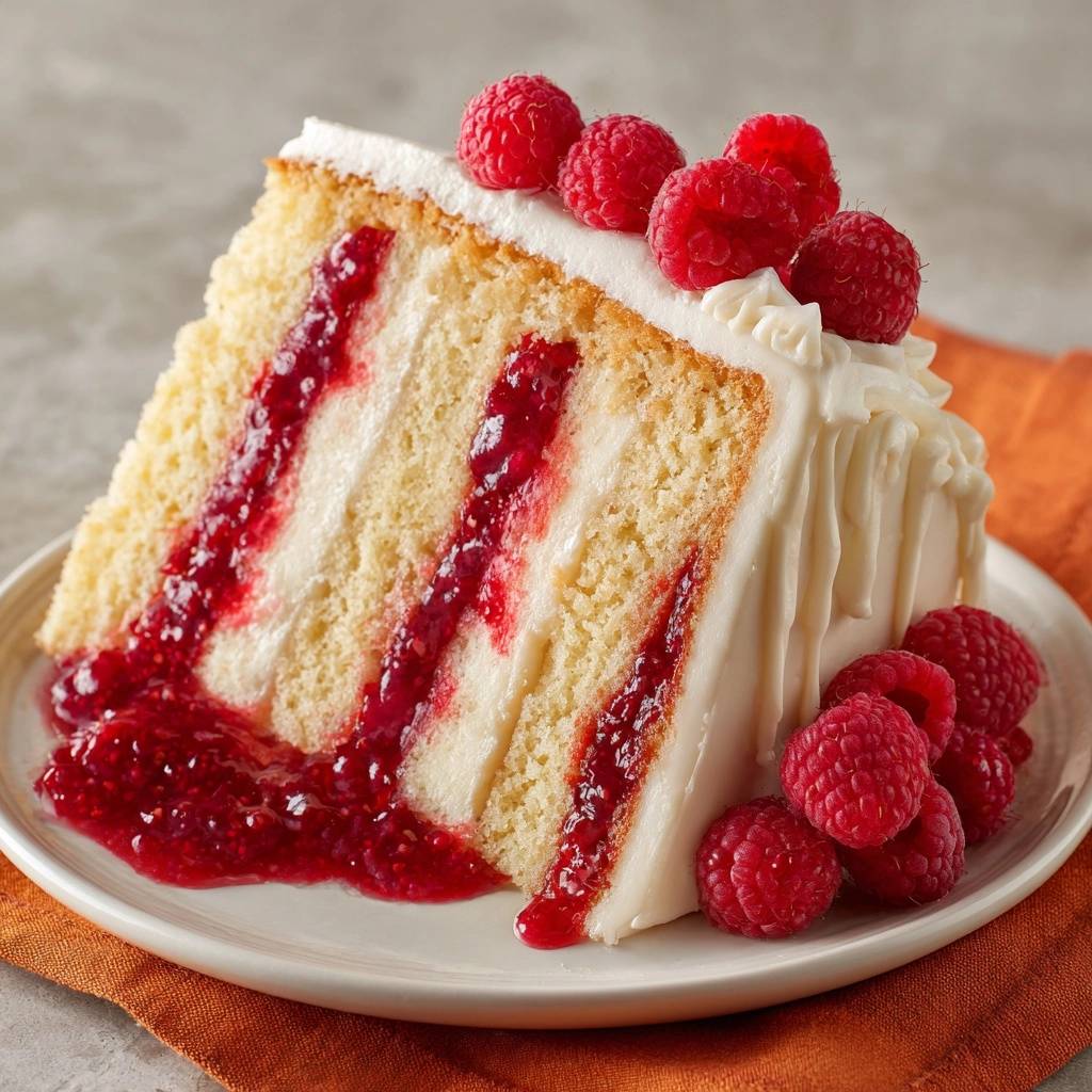 Raspberry filled white cake with crisp layers, shown as a close-up cross-section revealing the layers and raspberry filling.