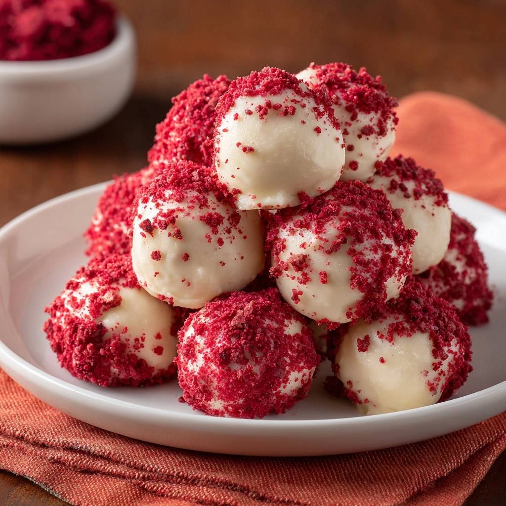 Red velvet cake balls topped with red crumble are piled high on a white plate, showcasing a festive dessert.