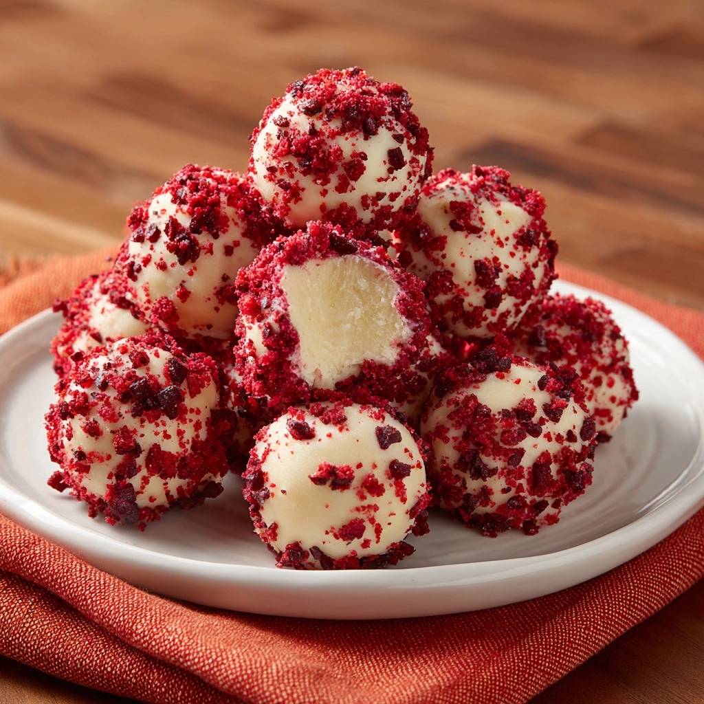 Red velvet cake balls with a white chocolate coating and red velvet crumble, showing a cross-section of the creamy interior.