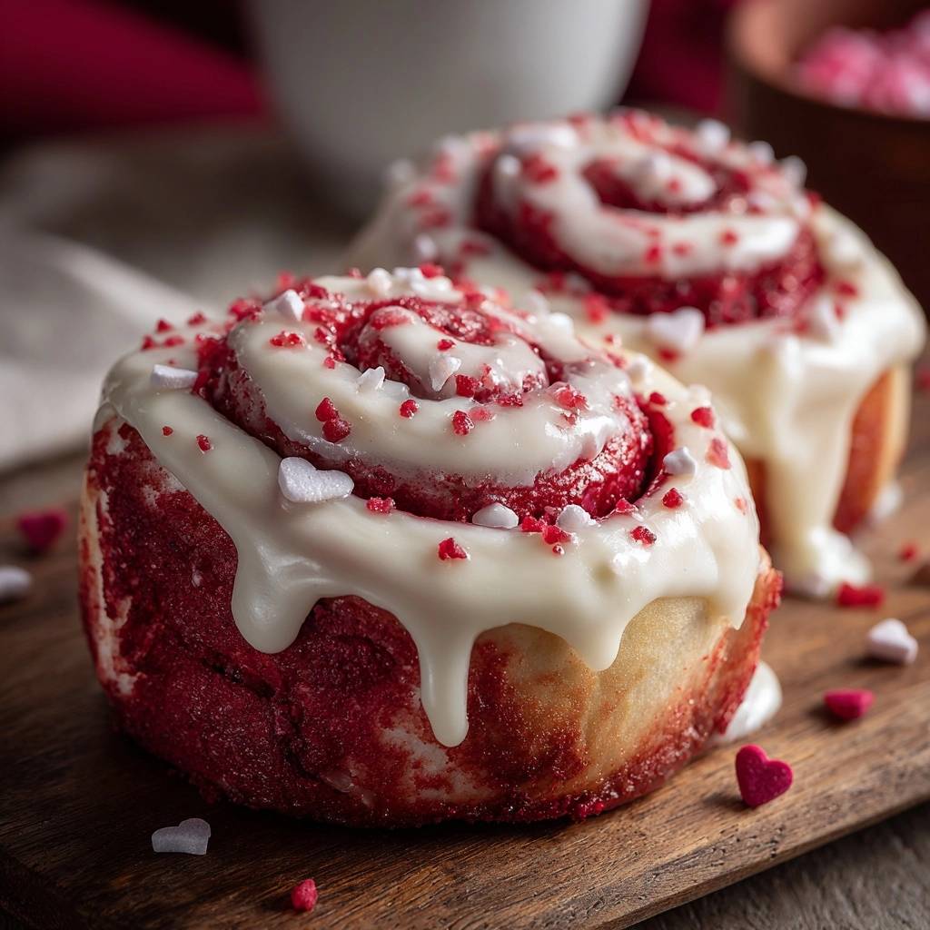 Red velvet cinnamon rolls with tangzhong fluff, showing a close-up of the white glaze and heart-shaped sprinkles.