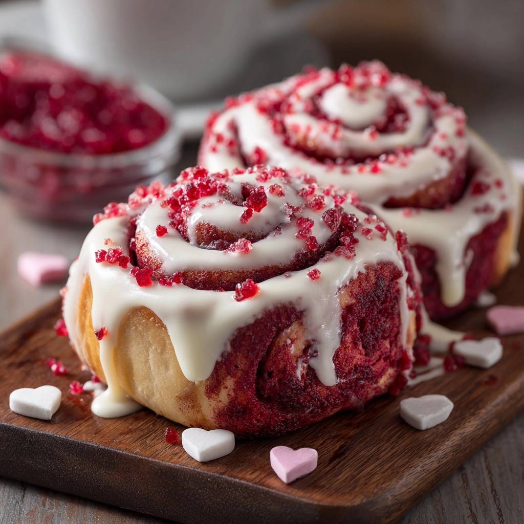 Red velvet cinnamon rolls with tangzhong fluff, drizzled with white glaze and sprinkled with red candy bits and heart candies.