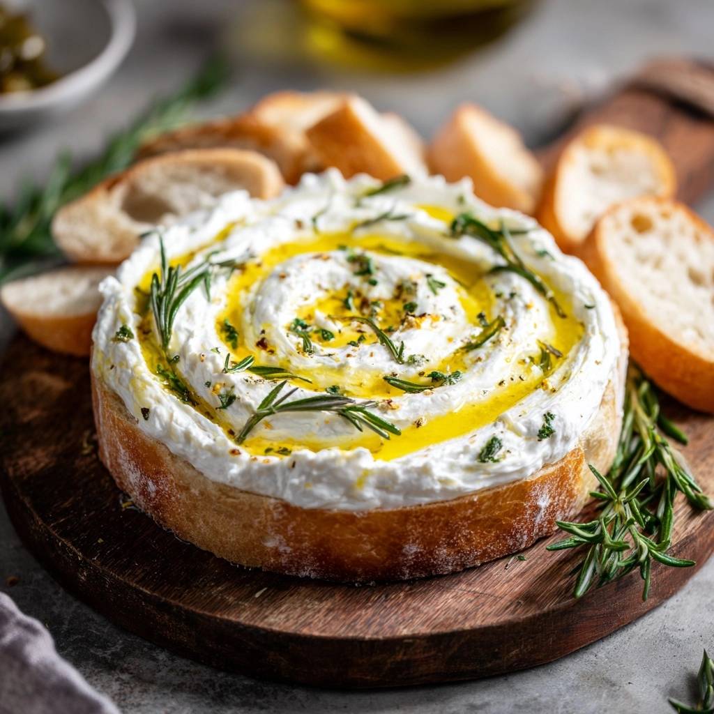 Rosemary whipped feta dip with a silky smooth swirl, drizzled with olive oil and garnished with fresh rosemary sprigs.
