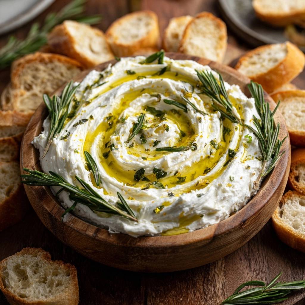 Rosemary whipped feta dip, swirled in a wooden bowl and drizzled with olive oil, surrounded by toasted bread.