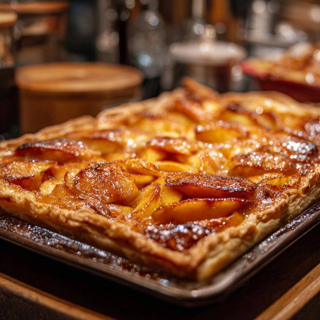 Rustic apple slab tart with a close-up view of its golden pastry and glistening apple filling.