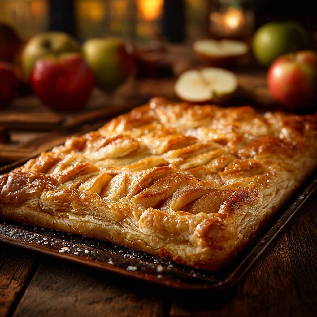 Rustic apple slab tart with a golden lattice pastry top and a dusting of sugar, viewed up close.