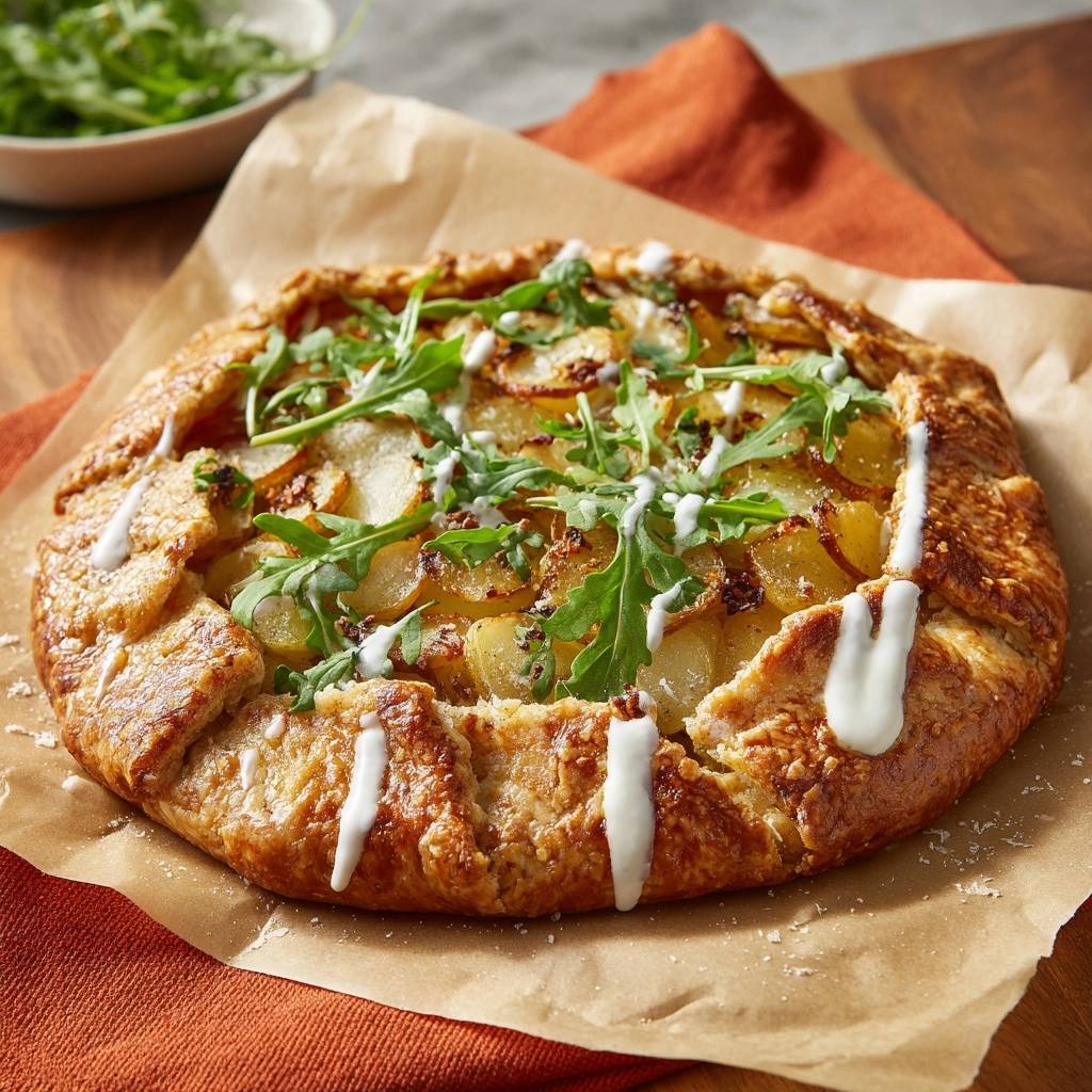 Rustic potato arugula galette with crispy edges, artfully drizzled with a creamy white sauce and fresh arugula topping.
