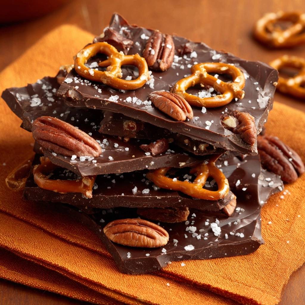 Salty pecan pretzel dark chocolate bark recipe stacked high on an orange napkin, showing a close-up of the textures.