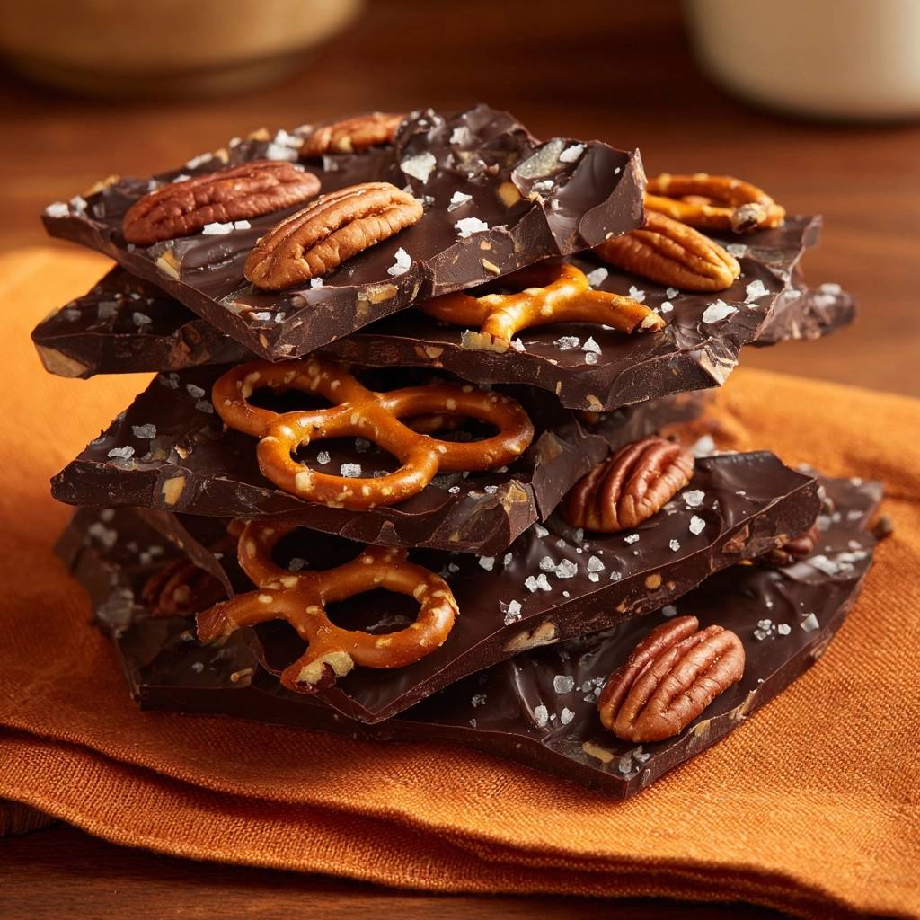Salty pecan pretzel dark chocolate bark recipe stacked high with a close-up view of the texture and toppings.