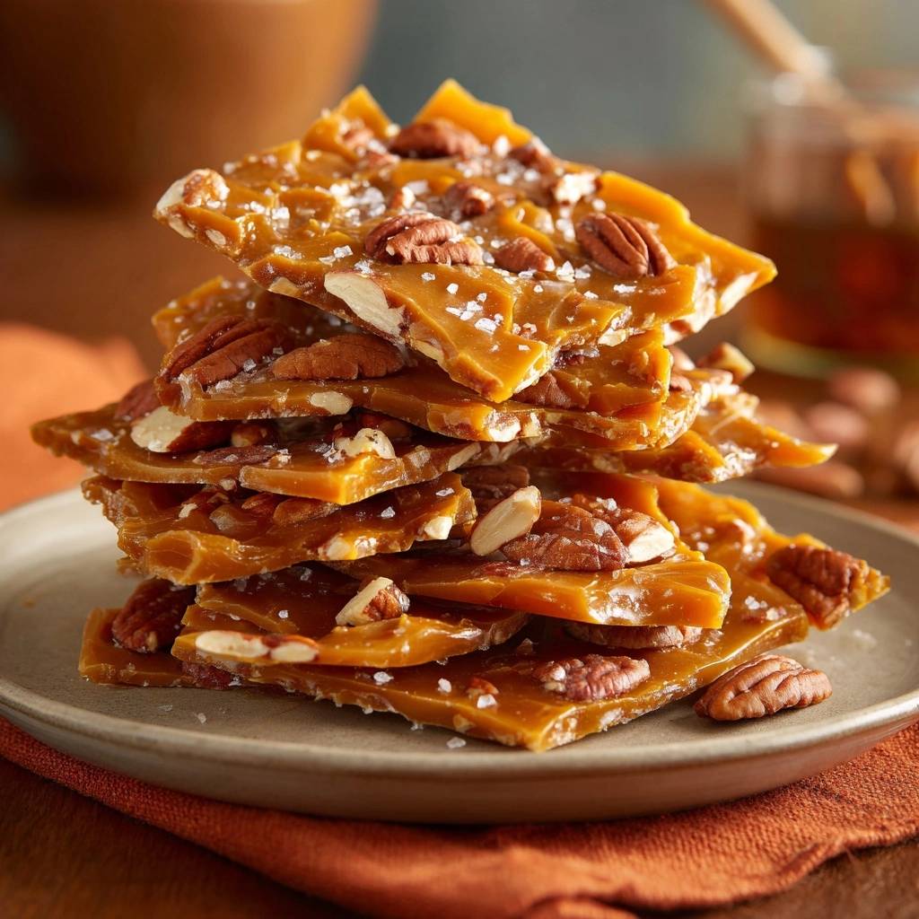 Sea salt pecan brittle stacked high on a plate, showcasing its glossy caramel and crunchy nut pieces.