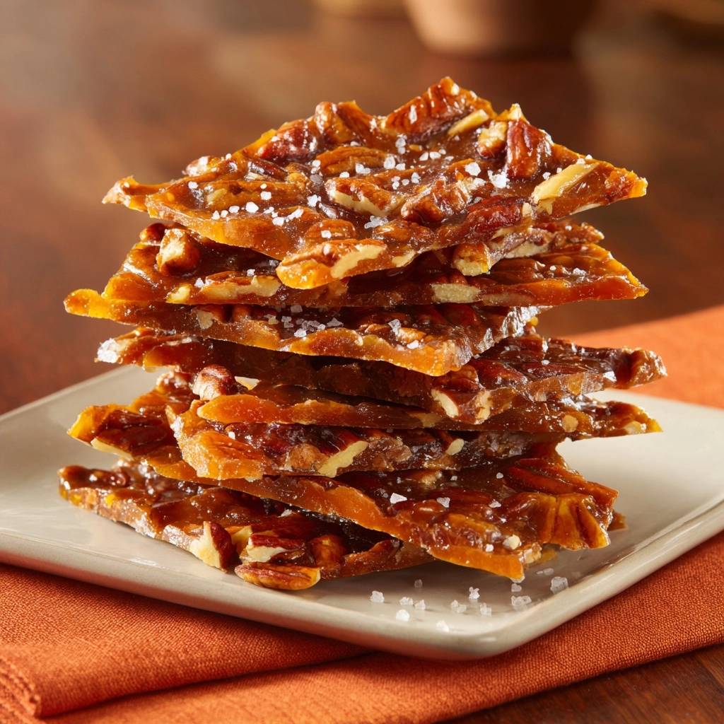 Sea Salt Pecan Brittle shown as a stack of thin, translucent pieces with visible pecans and coarse salt.