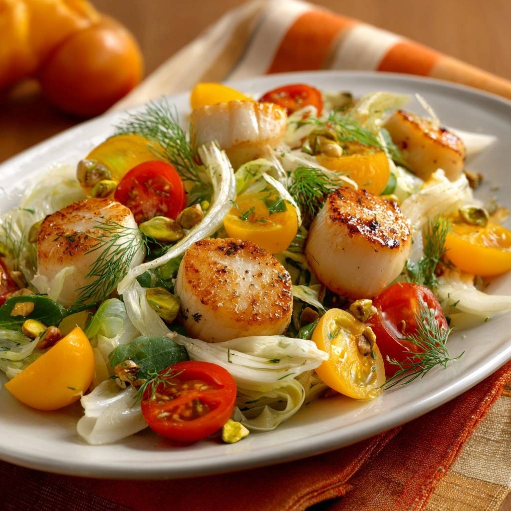 Seared scallops with fennel tomato salad plated with fresh dill and pistachios, showing a close-up view of the ingredients.