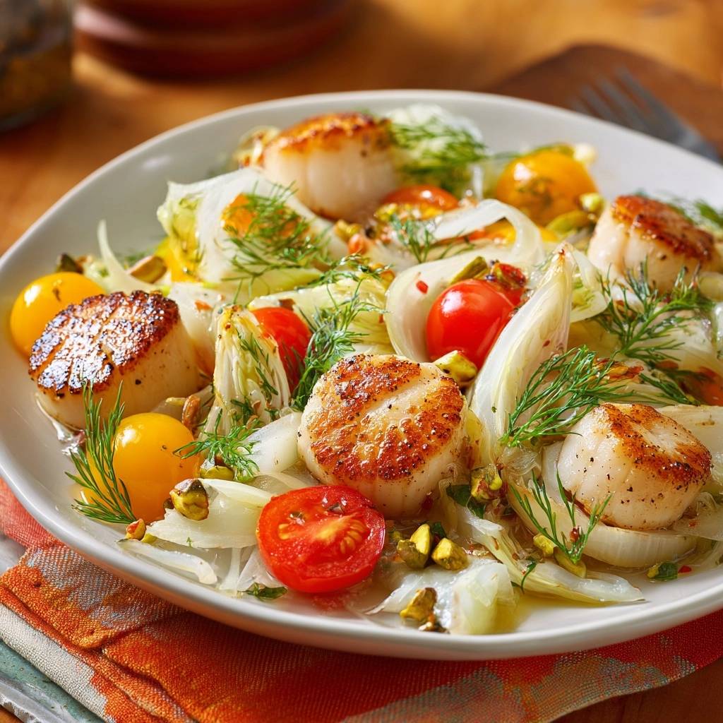 Seared scallops with fennel tomato salad served on a white plate, showcasing the colorful ingredients and fresh dill garnish.