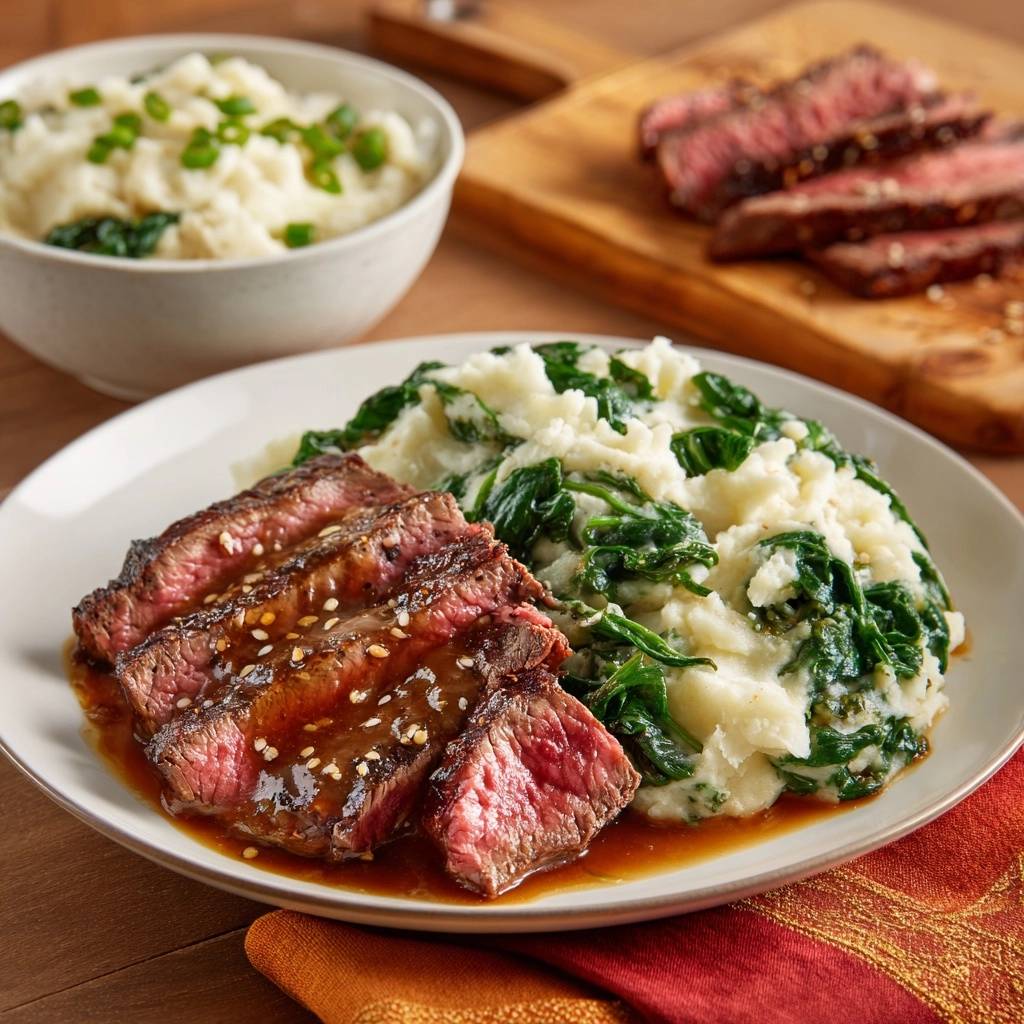 Juicy seared steak with mashed potatoes and spinach, plated with a glossy pepper-onion sauce.