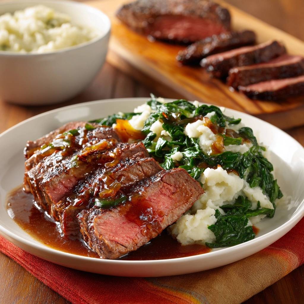 Juicy seared steak with pepper-onion sauce, mashed potatoes, and spinach, plated and sliced to show the interior.