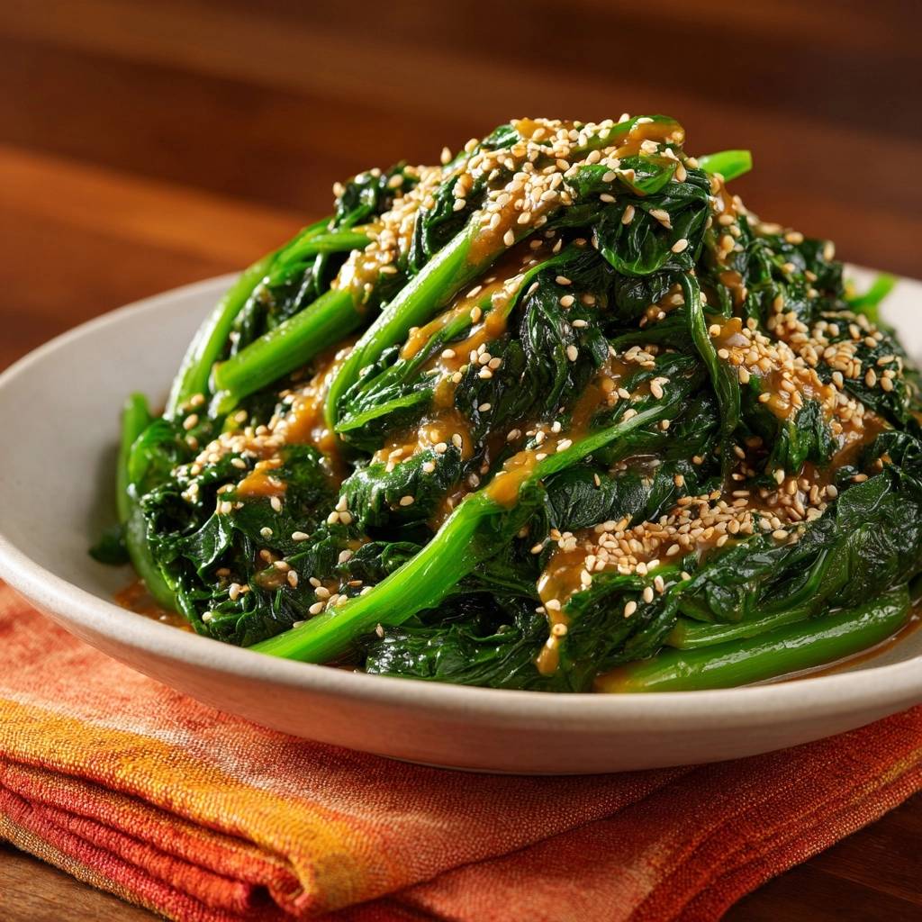 Sesame spinach with a rich sesame seed topping, showcasing the vibrant green leaves and glossy dressing.