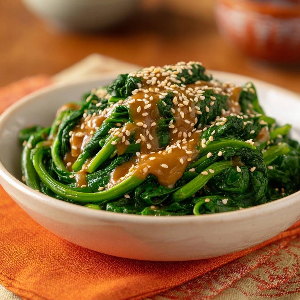 Sesame spinach with a rich sauce and sesame seed topping, showcasing the glistening texture.