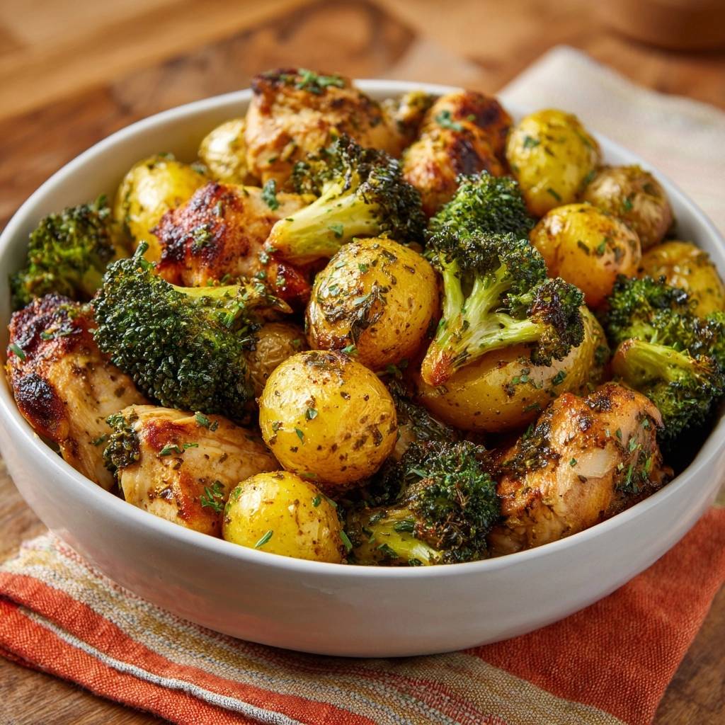 Sheet pan chicken potatoes and broccoli served in a white bowl, close-up view of the roasted ingredients.