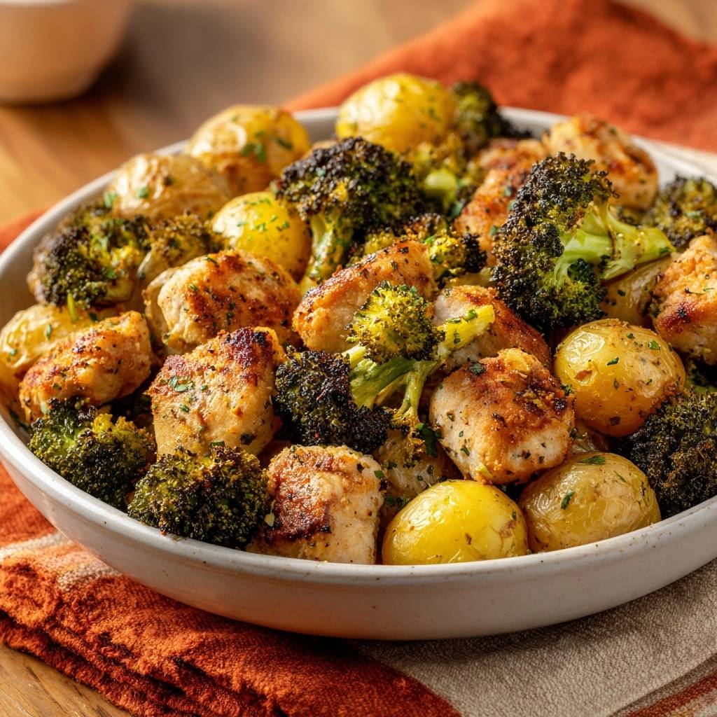 Sheet pan chicken potatoes and broccoli served in a white bowl, showing a close-up view of the roasted ingredients.