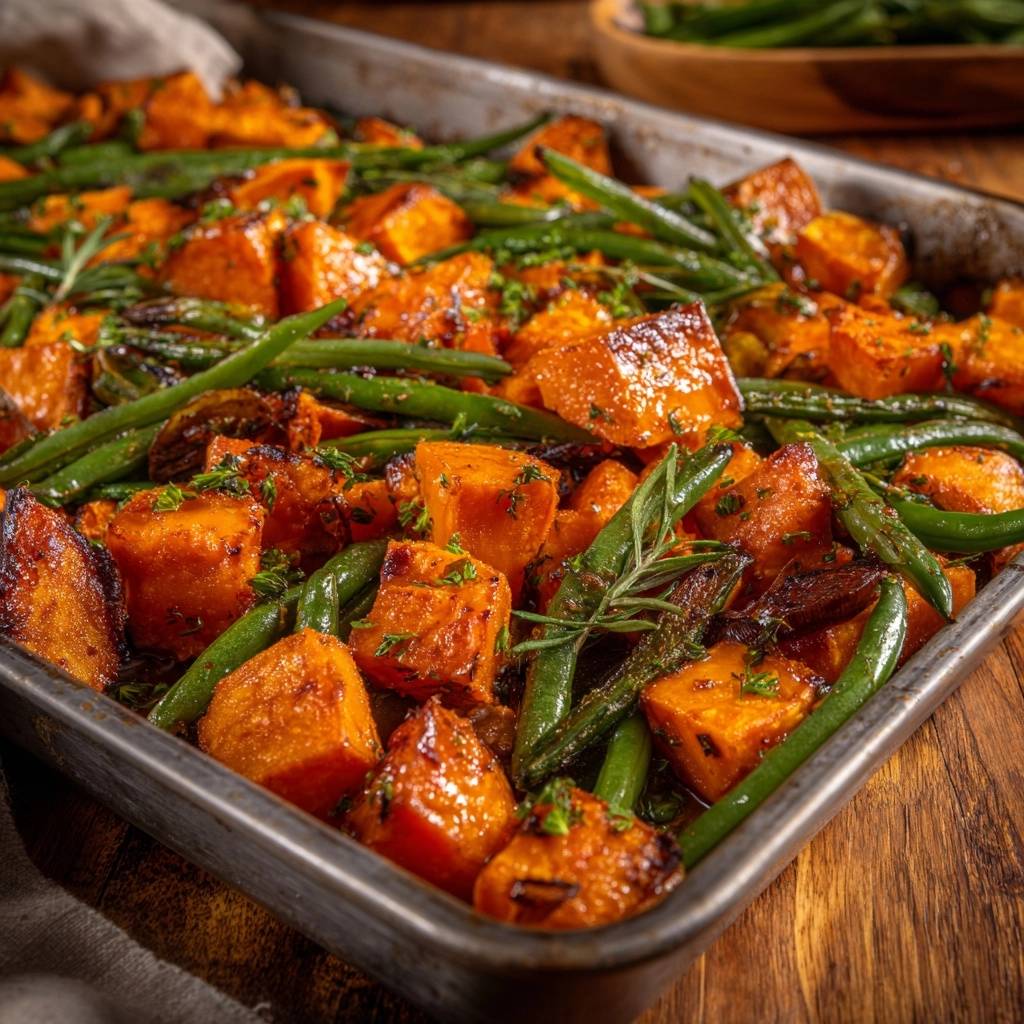 Sheet pan roasted sweet potatoes and green beans served in a metal tray, showing a close-up view of the glistening vegetables.