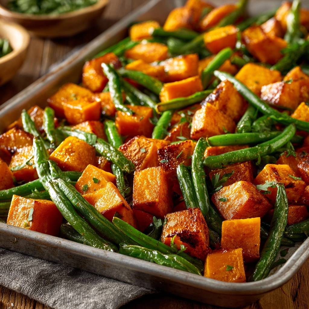 Sheet pan roasted sweet potatoes and green beans shown from a close-up overhead view with fresh parsley garnish.