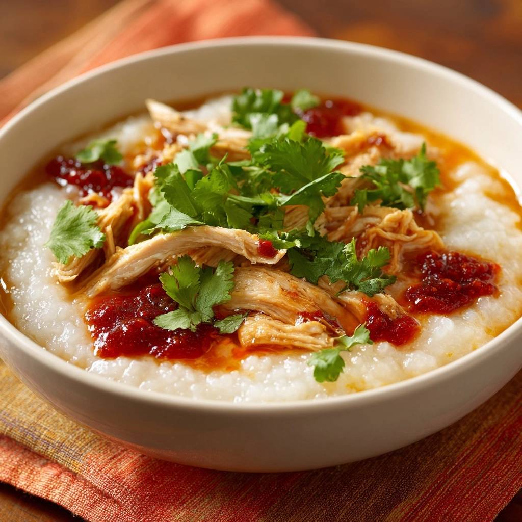 Shredded chicken congee with chili oil and cilantro, showing a close-up detail of the toppings and texture.