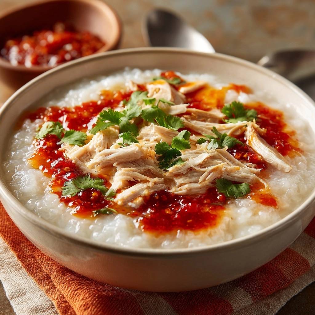 Shredded chicken congee with chili oil and cilantro garnish, a close-up detail shot.