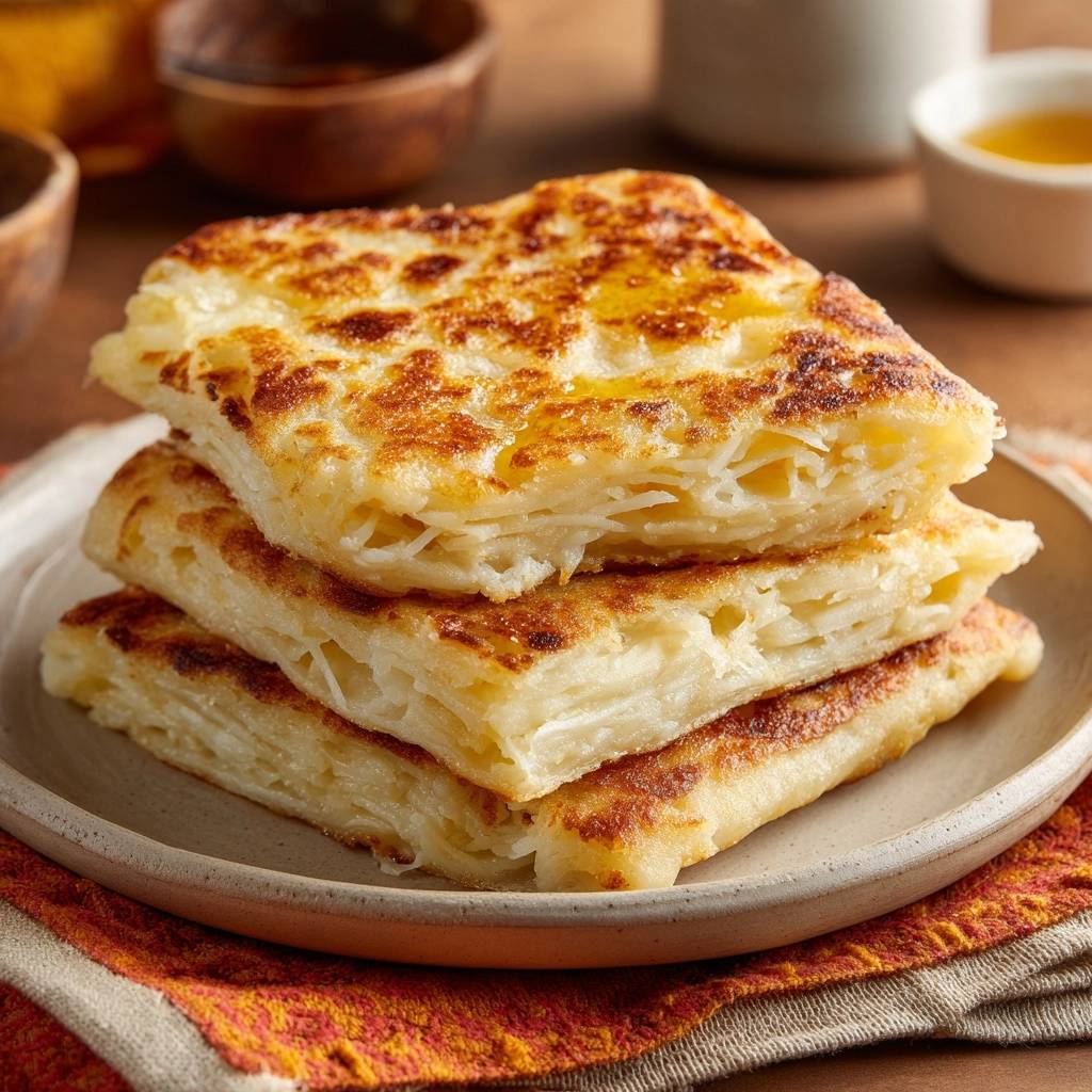 Crispy shredded potato pancakes showing a close-up stack with golden-brown edges and a layered interior.