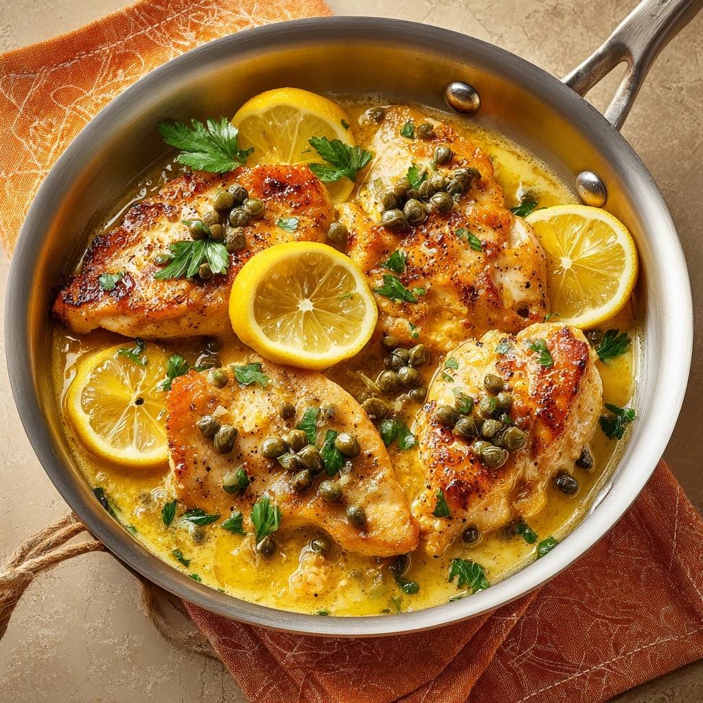 Skillet lemon chicken piccata served in a pan with lemon slices, capers, and parsley, presented in an overhead view.