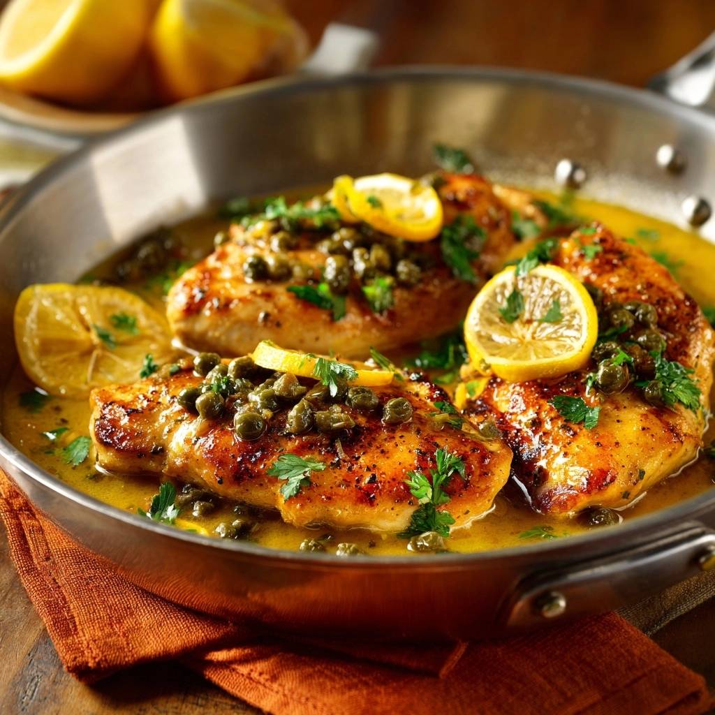 Skillet lemon chicken piccata served in a pan with lemon slices, capers, and parsley garnish.